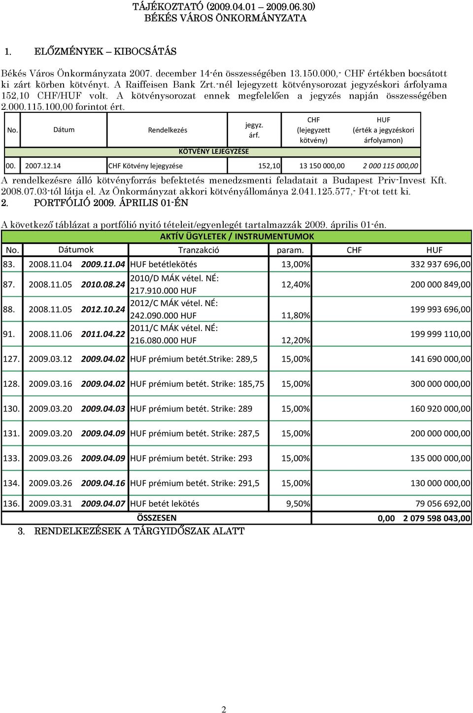 A kötvénysorozat ennek megfelelıen a jegyzés napján összességében 2.000.115.100,00 forintot ért. No. Dátum Rendelkezés KÖTVÉNY LEJEGYZÉSE jegyz. árf.