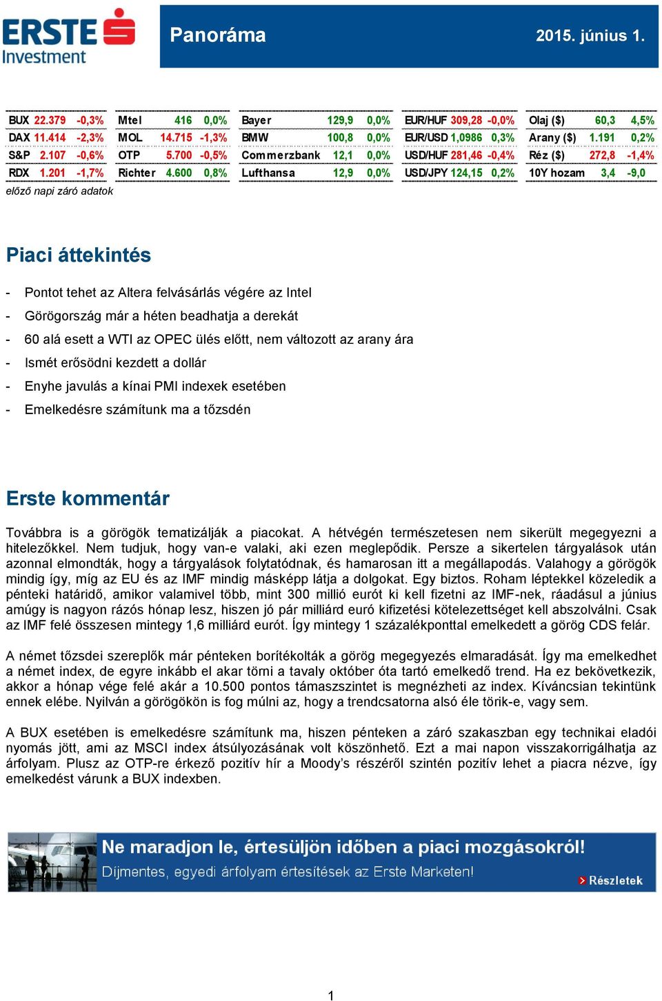 600 0,8% Lufthansa 12,9 0,0% USD/JPY 124,15 0,2% 10Y hozam 3,4-9,0 előző napi záró adatok Piaci áttekintés - Pontot tehet az Altera felvásárlás végére az Intel - Görögország már a héten beadhatja a