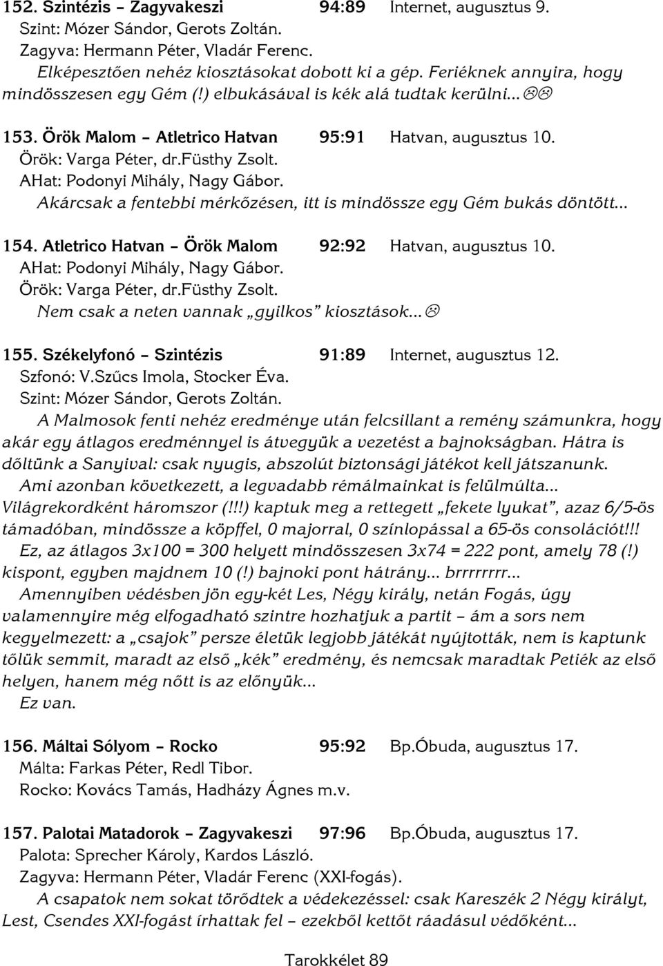 AHat: Podonyi Mihály, Nagy Gábor. Akárcsak a fentebbi mérkőzésen, itt is mindössze egy Gém bukás döntött 154. Atletrico Hatvan Örök Malom 92:92 Hatvan, augusztus 10. AHat: Podonyi Mihály, Nagy Gábor.