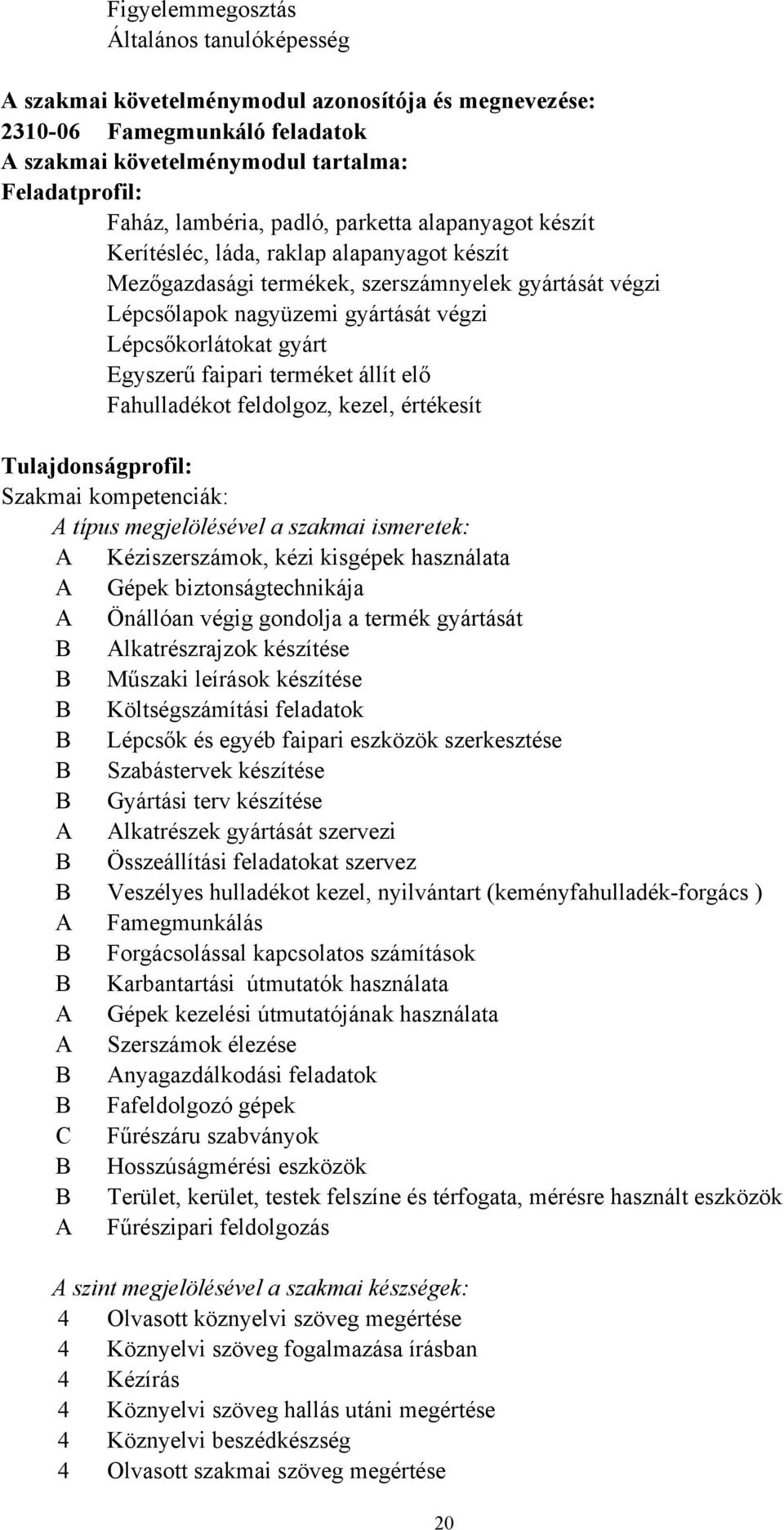 Egyszerű faipari terméket állít elő Fahulladékot feldolgoz, kezel, értékesít Tulajdonságprofil: Szakmai kompetenciák: A típus megjelölésével a szakmai ismeretek: A Kéziszerszámok, kézi kisgépek