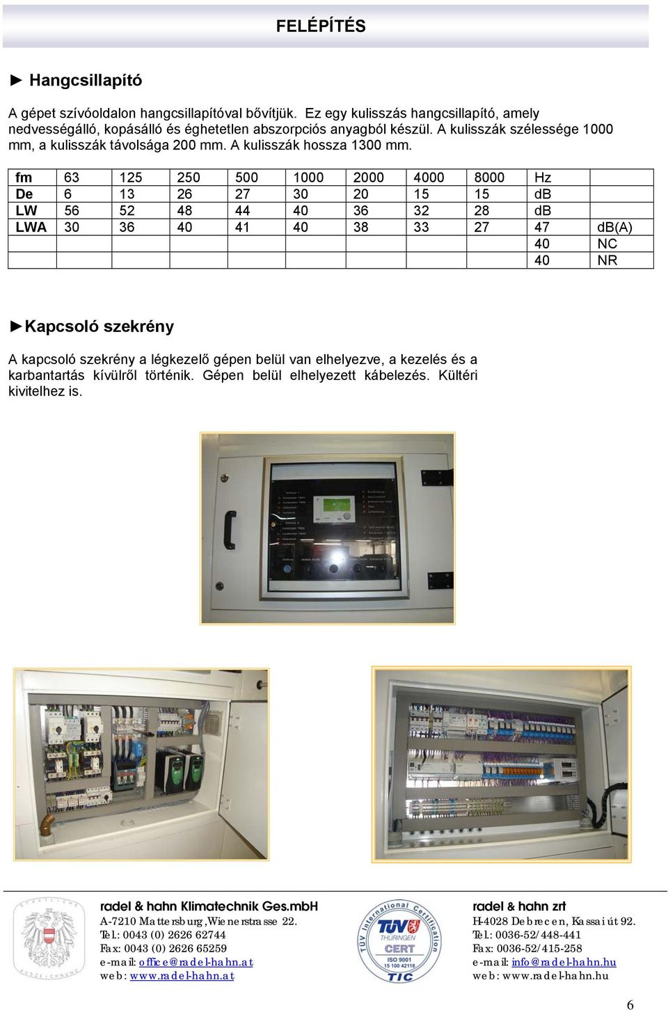 fm 63 125 250 500 1000 2000 4000 8000 Hz De 6 13 26 27 30 20 15 15 db LW 56 52 48 44 40 36 32 28 db LWA 30 36 40 41 40 38 33 27 47 db(a) 40 NC 40 NR Kapcsoló szekrény A kapcsoló szekrény a légkezelő