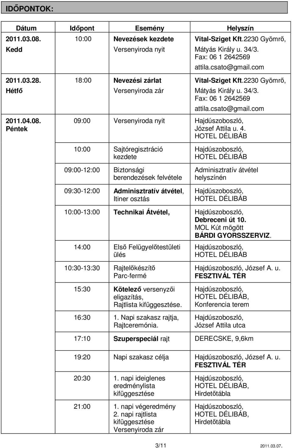 com 09:00 Versenyiroda nyit József Attila u. 4.