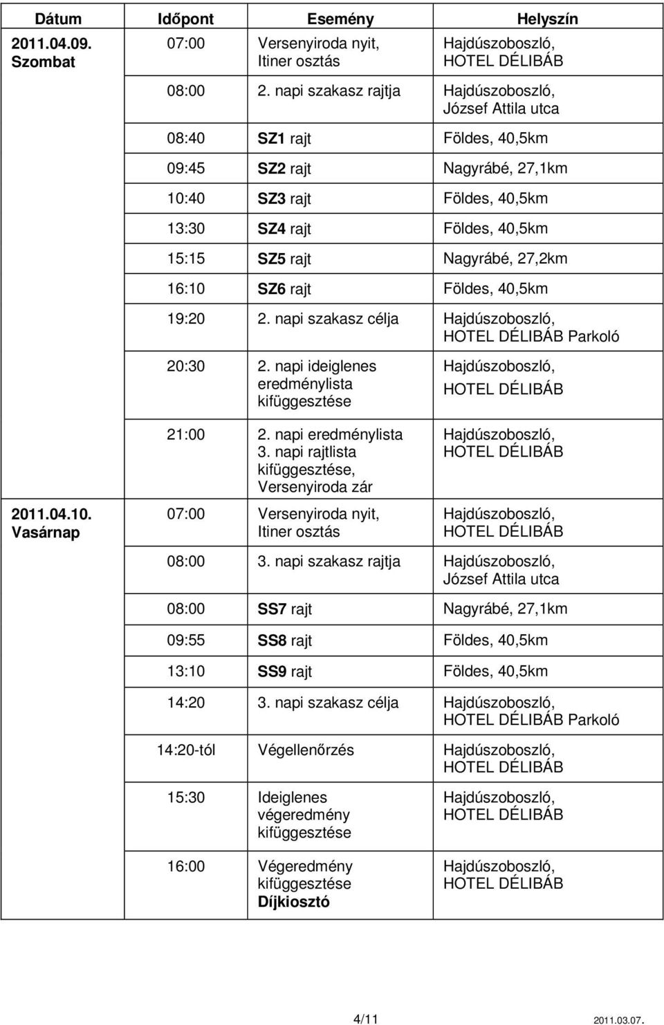 SZ6 rajt Földes, 40,5km 19:20 2. napi szakasz célja Parkoló 20:30 2. napi ideiglenes eredménylista kifüggesztése 2011.04.10. Vasárnap 21:00 2. napi eredménylista 3.