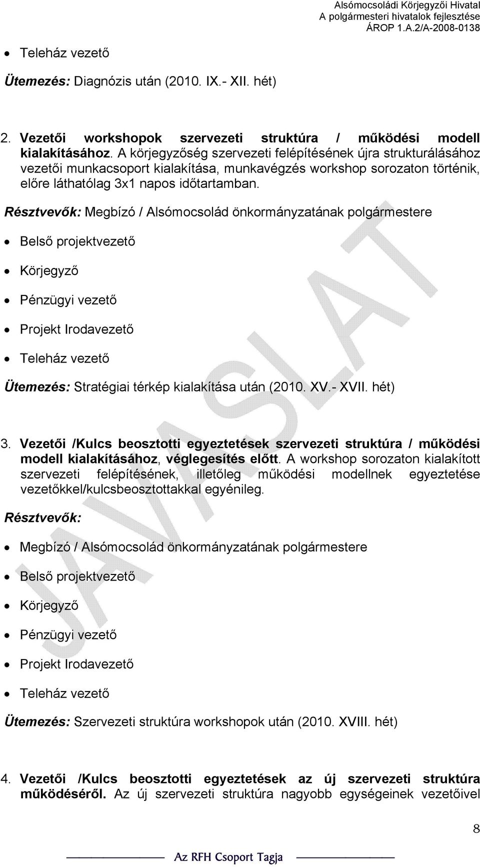 Megbízó / Alsómocsolád önkormányzatának polgármestere Körjegyző Pénzügyi vezető Projekt Irodavezető Teleház vezető Ütemezés: Stratégiai térkép kialakítása után (2010. XV.- XVII. hét) 3.