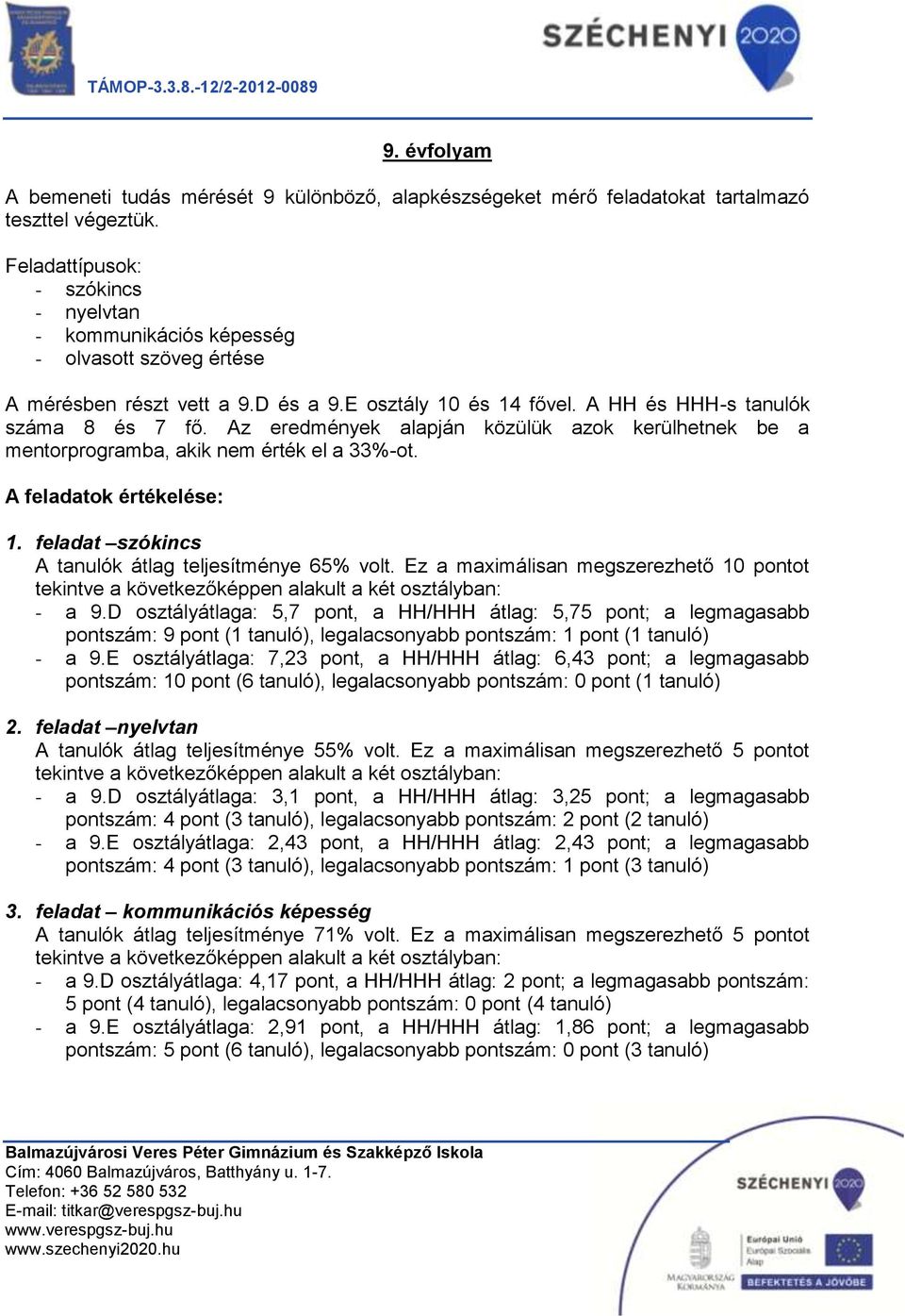 Az eredmények alapján közülük azok kerülhetnek be a mentorprogramba, akik nem érték el a 33%-ot. A feladatok értékelése: 1. feladat szókincs A tanulók átlag teljesítménye 65% volt.