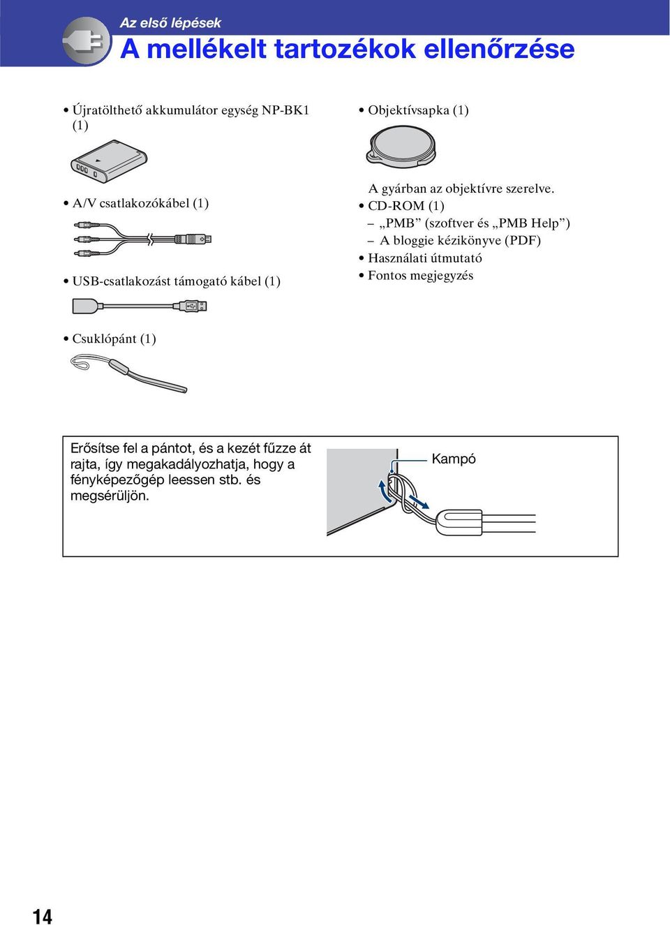 CD-ROM (1) PMB (szoftver és PMB Help ) A bloggie kézikönyve (PDF) Használati útmutató Fontos megjegyzés