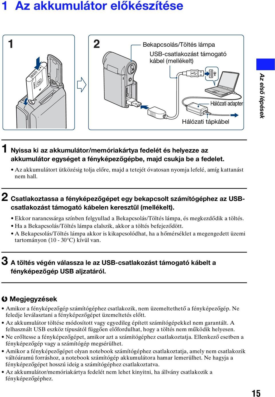 2 Csatlakoztassa a fényképezőgépet egy bekapcsolt számítógéphez az USBcsatlakozást támogató kábelen keresztül (mellékelt).