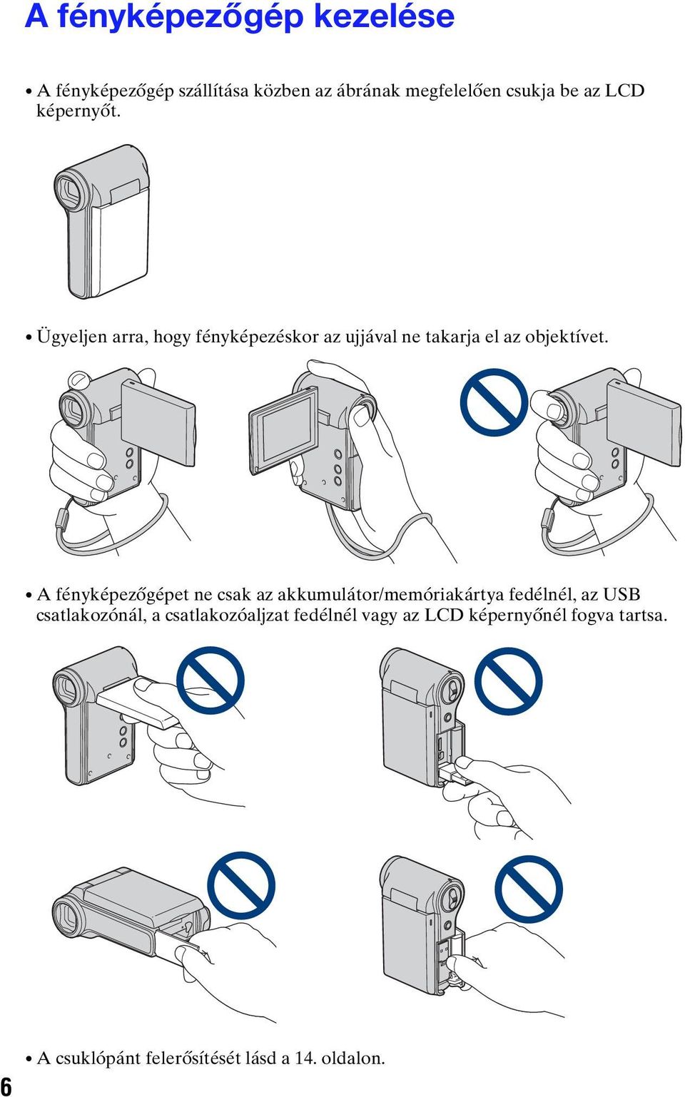 A fényképezőgépet ne csak az akkumulátor/memóriakártya fedélnél, az USB csatlakozónál, a