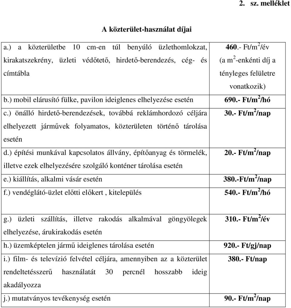 ) építési munkával kapcsolatos állvány, építőanyag és törmelék, illetve ezek elhelyezésére szolgáló konténer tárolása esetén e.) kiállítás, alkalmi vásár esetén f.