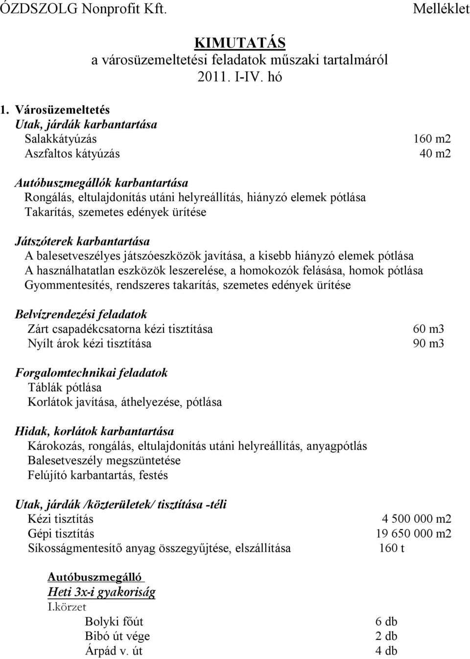 Takarítás, szemetes edények ürítése Játszóterek karbantartása A balesetveszélyes játszóeszközök javítása, a kisebb hiányzó elemek pótlása A használhatatlan eszközök leszerelése, a homokozók felásása,