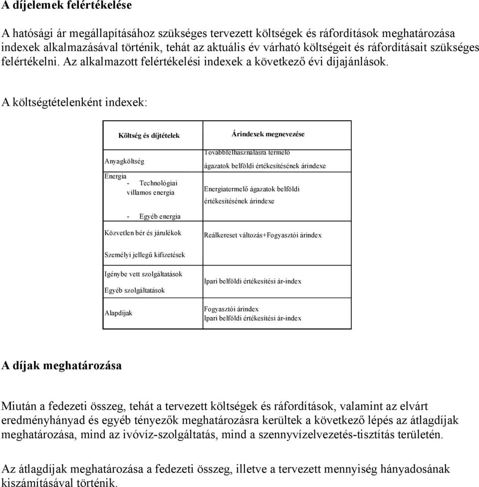 A költségtételenként indexek: Költség és díjtételek Anyagköltség Energia - Technológiai villamos energia Árindexek megnevezése Továbbfelhasználásra termelő ágazatok belföldi értékesítésének árindexe