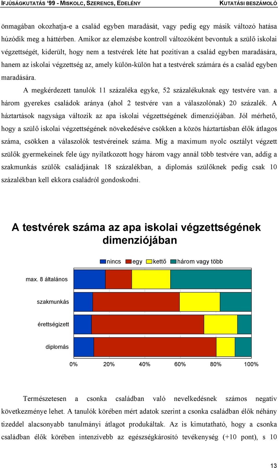 külön-külön hat a testvérek számára és a család egyben maradására. A megkérdezett tanulók 11 százaléka egyke, 52 százalékuknak egy testvére van.