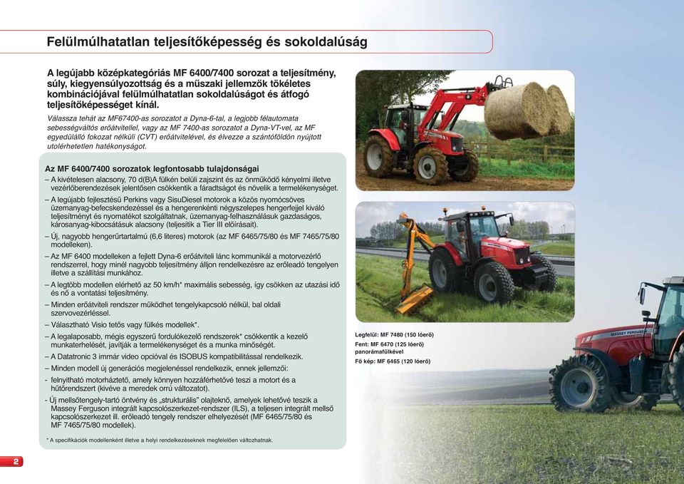 Válassza tehát az MF67400-as sorozatot a Dyna-6-tal, a legjobb félautomata sebességváltós erőátvitellel, vagy az MF 7400-as sorozatot a Dyna-VT-vel, az MF egyedülálló fokozat nélküli (CVT)