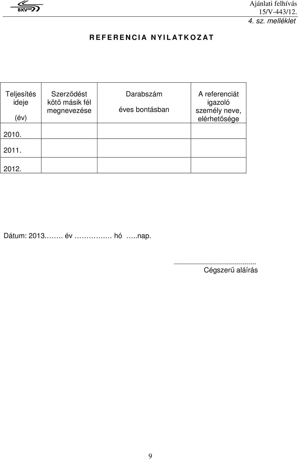 ideje (év) Szerzıdést kötı másik fél megnevezése Darabszám éves