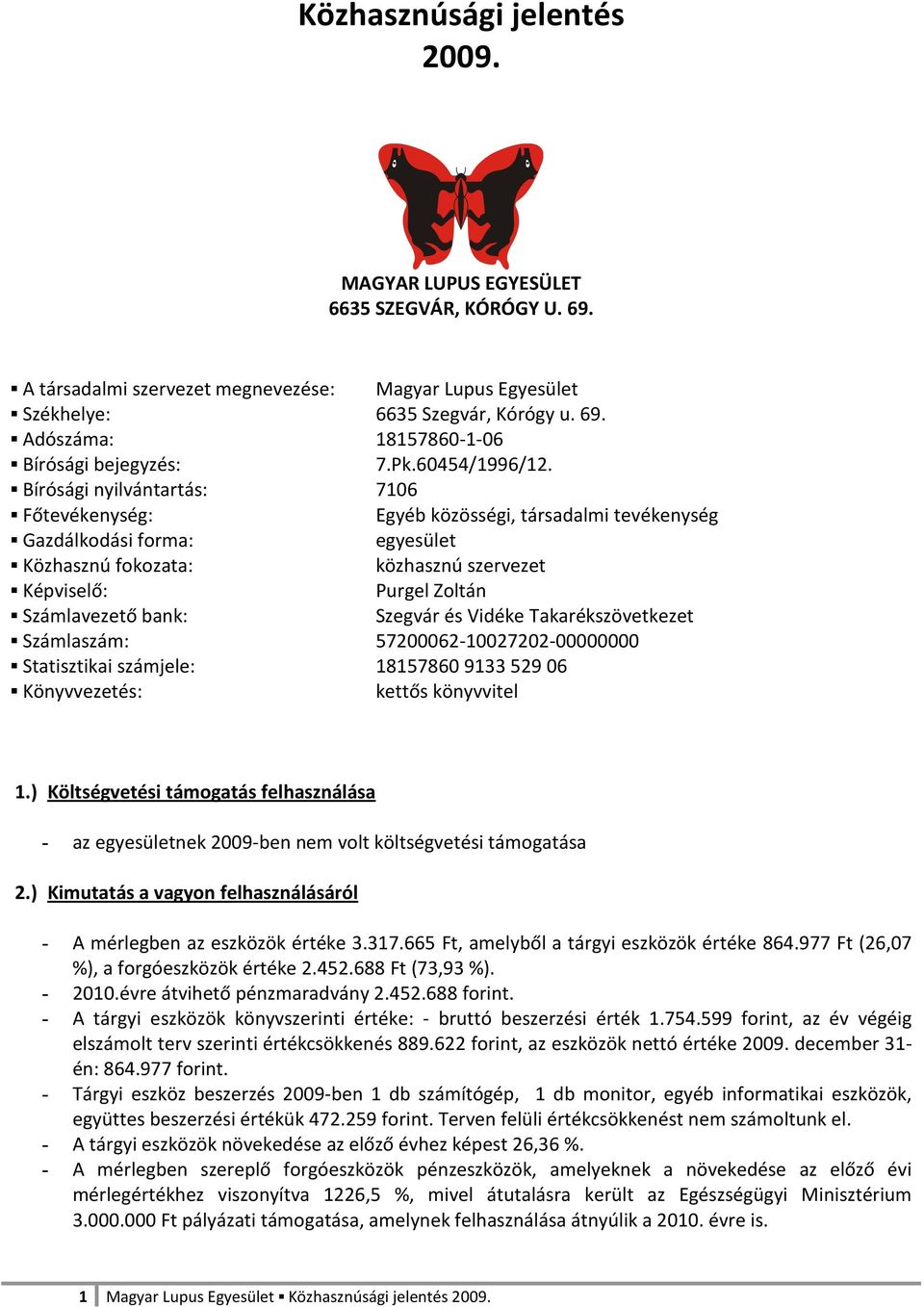 Bírósági nyilvántartás: 7106 Főtevékenység: Egyéb közösségi, társadalmi tevékenység Gazdálkodási forma: egyesület Közhasznú fokozata: közhasznú szervezet Képviselő: Purgel Zoltán Számlavezető bank: