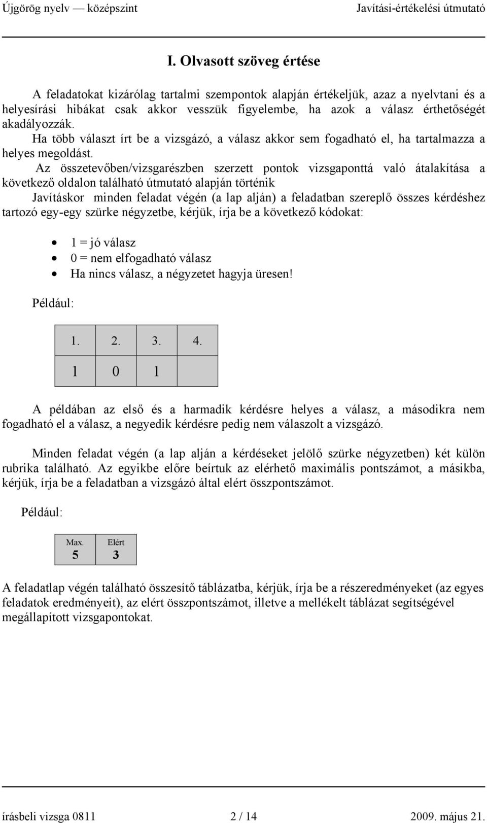 Az összetevőben/vizsgarészben szerzett pontok vizsgaponttá való átalakítása a következő oldalon található útmutató alapján történik Javításkor minden feladat végén (a lap alján) a feladatban szereplő