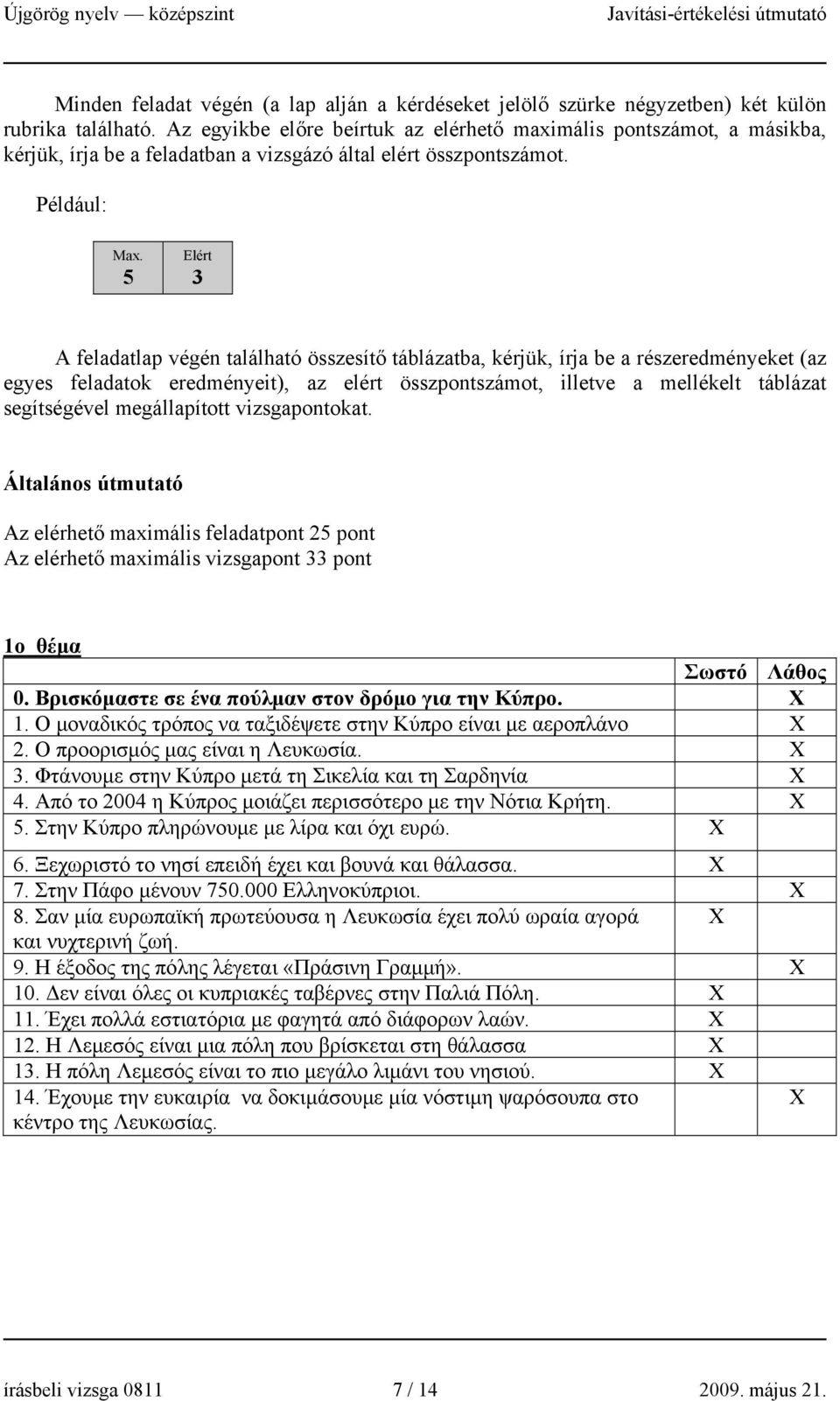 5 Elért 3 A feladatlap végén található összesítő táblázatba, kérjük, írja be a részeredményeket (az egyes feladatok eredményeit), az elért összpontszámot, illetve a mellékelt táblázat segítségével