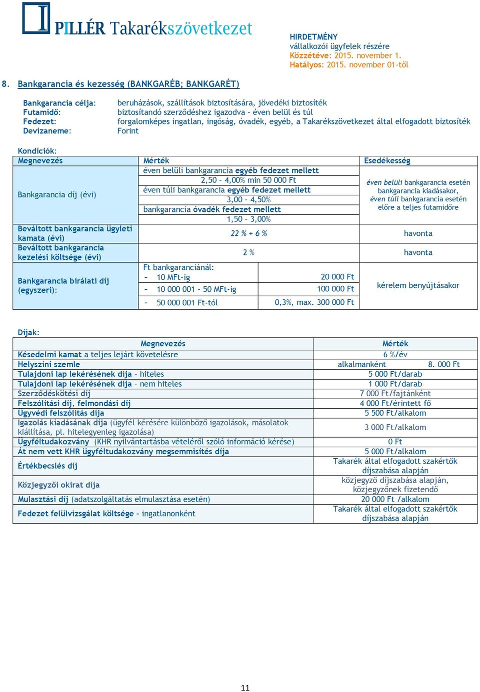 50 00 éven belüli bankgarancia esetén éven túli bankgarancia egyéb fedezet mellett bankgarancia kiadásakor, Bankgarancia díj (évi) 3,00 4,50% éven túli bankgarancia esetén bankgarancia óvadék fedezet