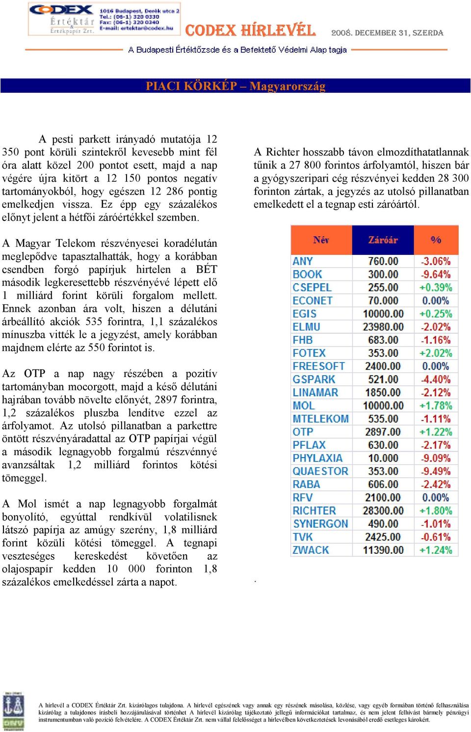 A Richter hosszabb távon elmozdíthatatlannak tőnik a 27 800 forintos árfolyamtól, hiszen bár a gyógyszeripari cég részvényei kedden 28 300 forinton zártak, a jegyzés az utolsó pillanatban emelkedett