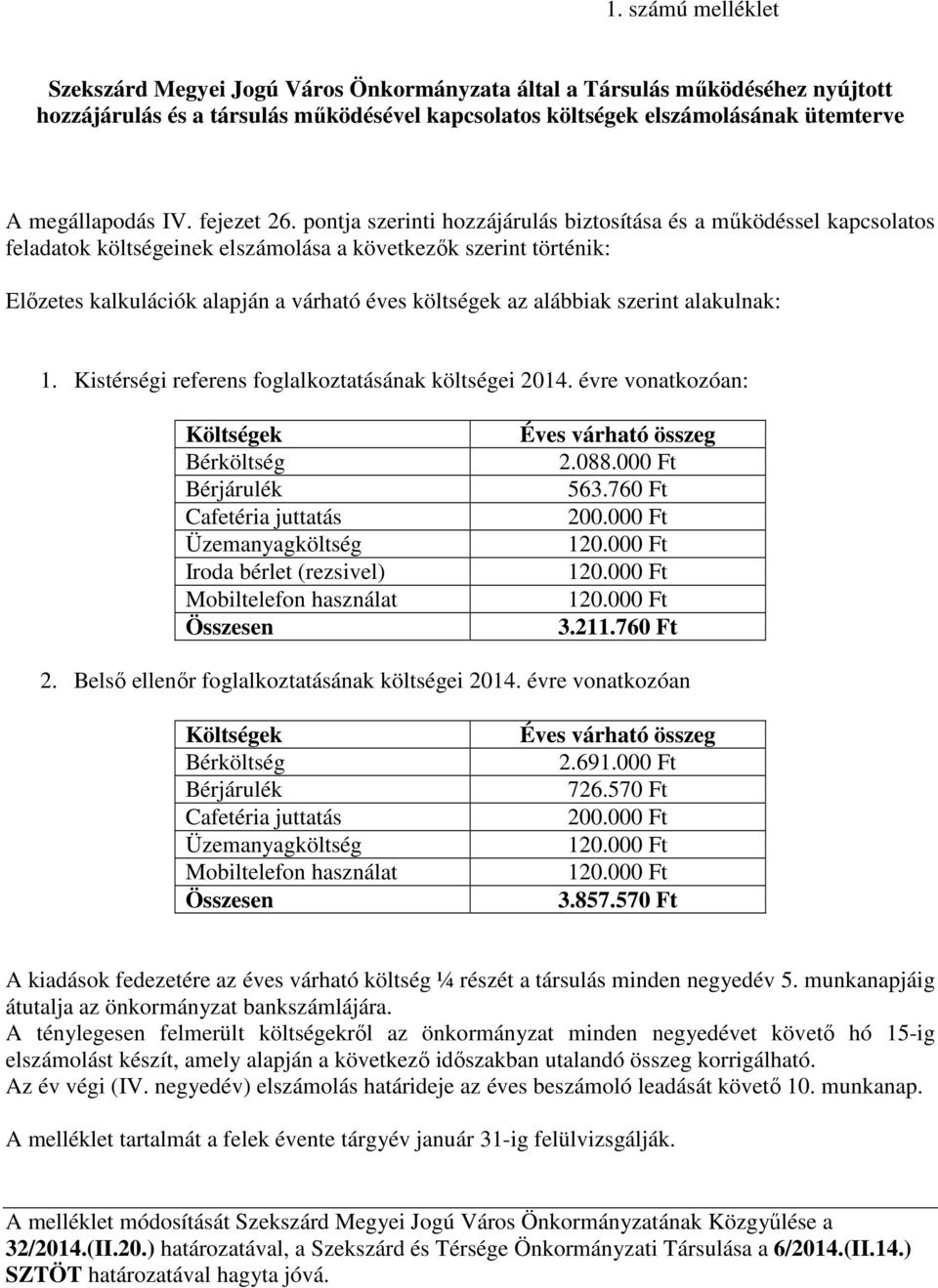 pontja szerinti hozzájárulás biztosítása és a mőködéssel kapcsolatos feladatok költségeinek elszámolása a következık szerint történik: Elızetes kalkulációk alapján a várható éves költségek az