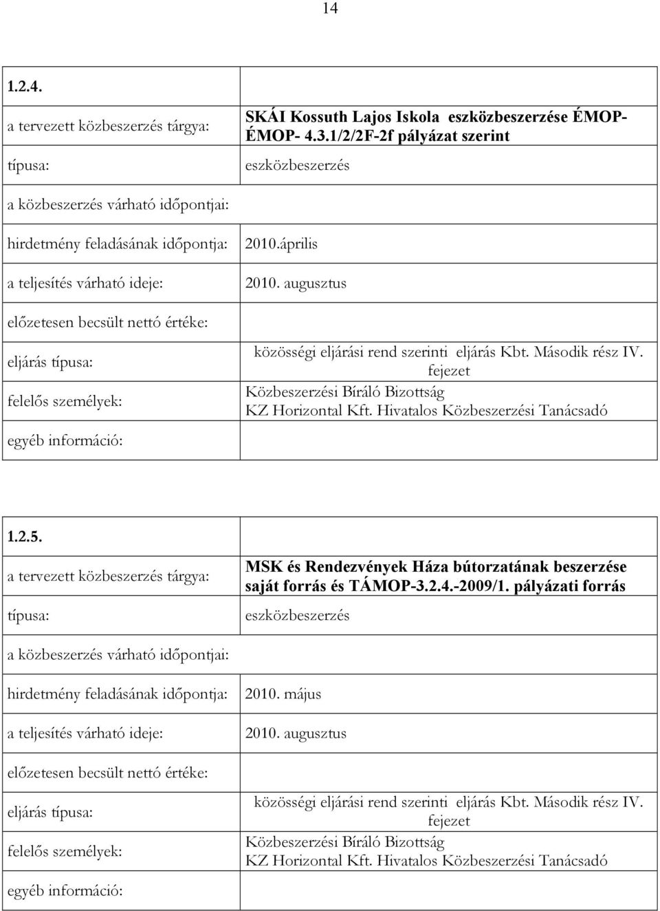 Közbeszerzési Bíráló Bizottság 1.2.5. MSK és Rendezvények Háza bútorzatának beszerzése saját forrás és TÁMOP-3.