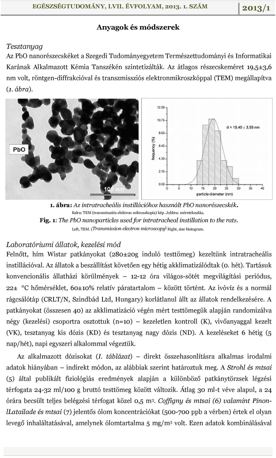Balra: TEM (transmissziós elektron mikroszkopia) kép. Jobbra: méreteloszlás. Fig. 1: The PbO nanoparticles used for intratracheal instillation to the rats. Left, TEM.