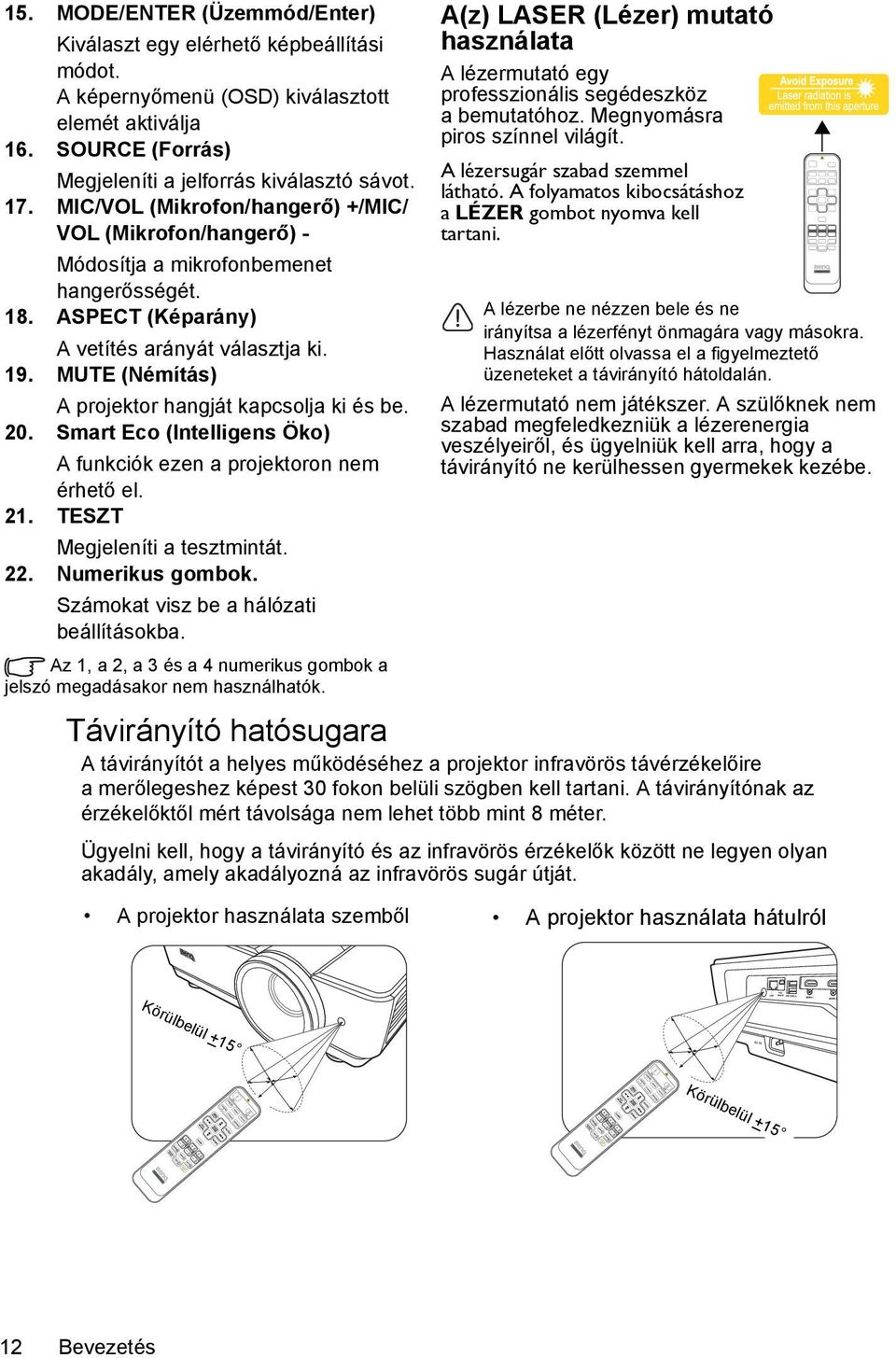 MUTE (Némítás) A projektor hangját kapcsolja ki és be. 20. Smart Eco (Intelligens Öko) A funkciók ezen a projektoron nem érhető el. 21. TESZT Megjeleníti a tesztmintát. 22. Numerikus gombok.