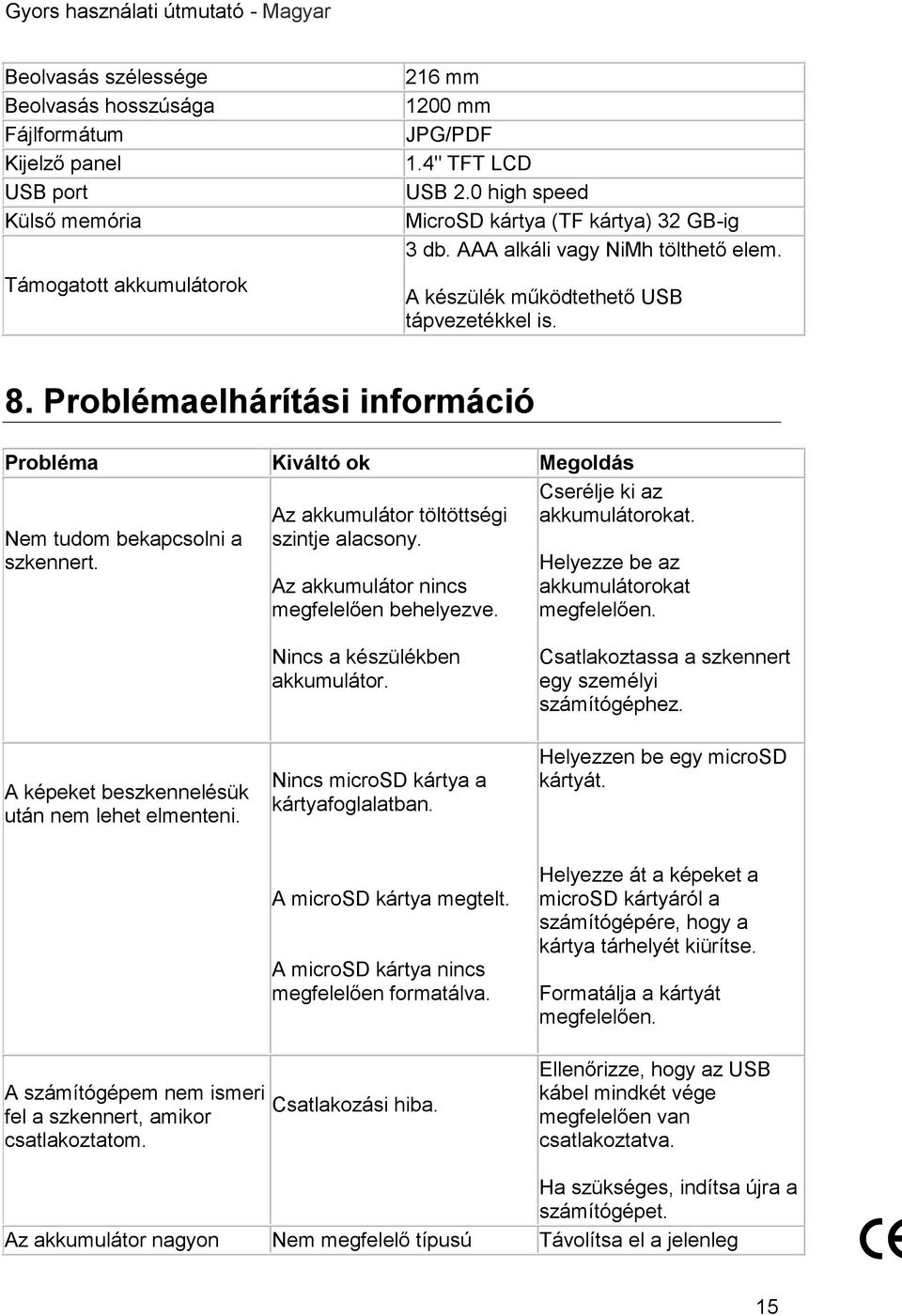 Problémaelhárítási információ Probléma Kiváltó ok Megoldás Nem tudom bekapcsolni a szkennert. Az akkumulátor töltöttségi szintje alacsony. Az akkumulátor nincs megfelelően behelyezve.