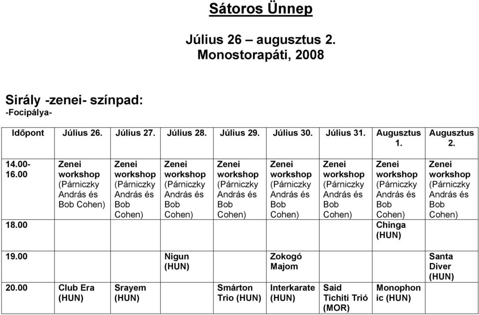 Július 28. Július 29. Július 30. Július 31. Augusztus 1. 14.00-16.00 18.
