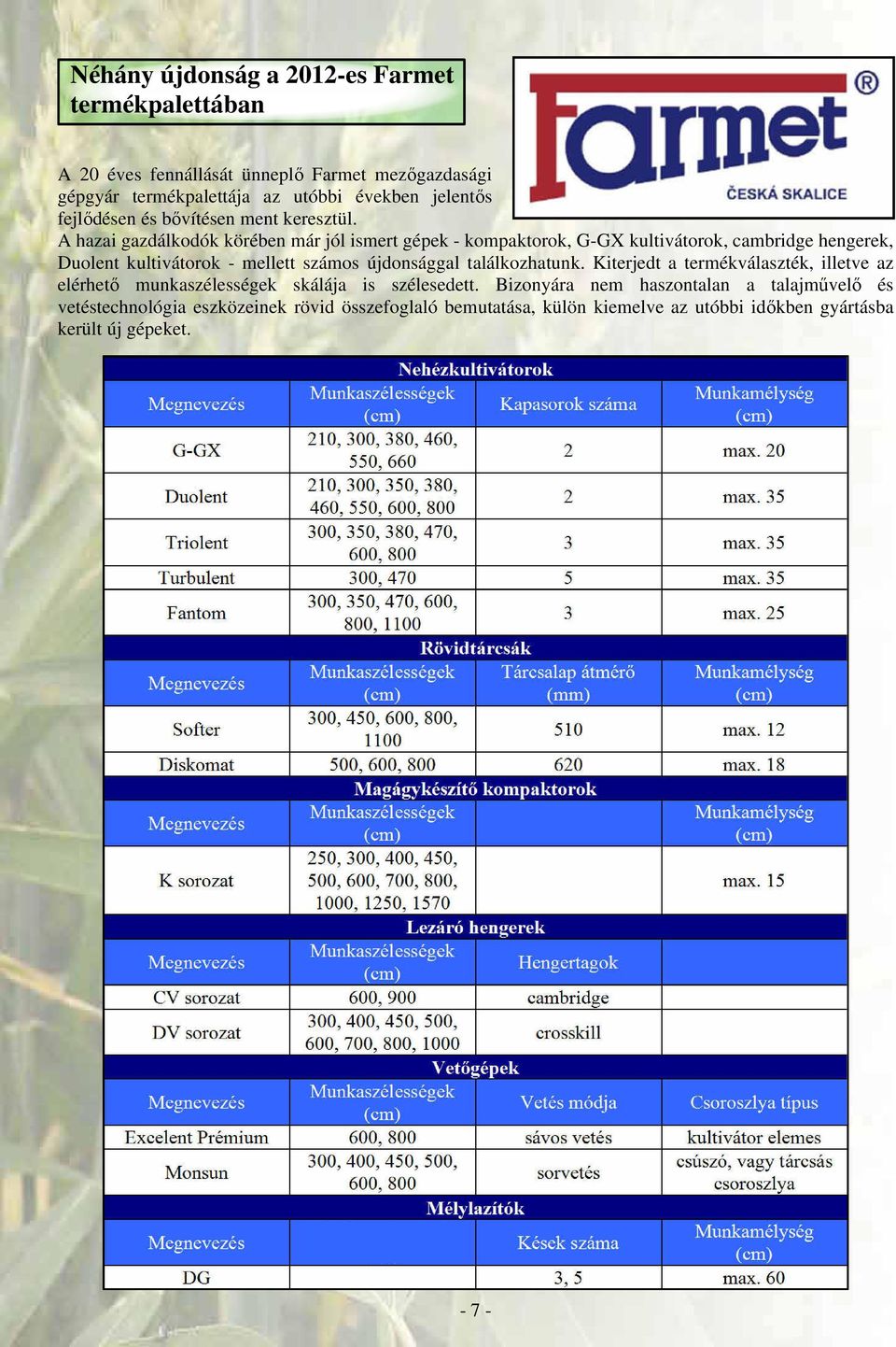 A hazai gazdálkodók körében már jól ismert gépek - kompaktorok, G-GX kultivátorok, cambridge hengerek, Duolent kultivátorok - mellett számos újdonsággal
