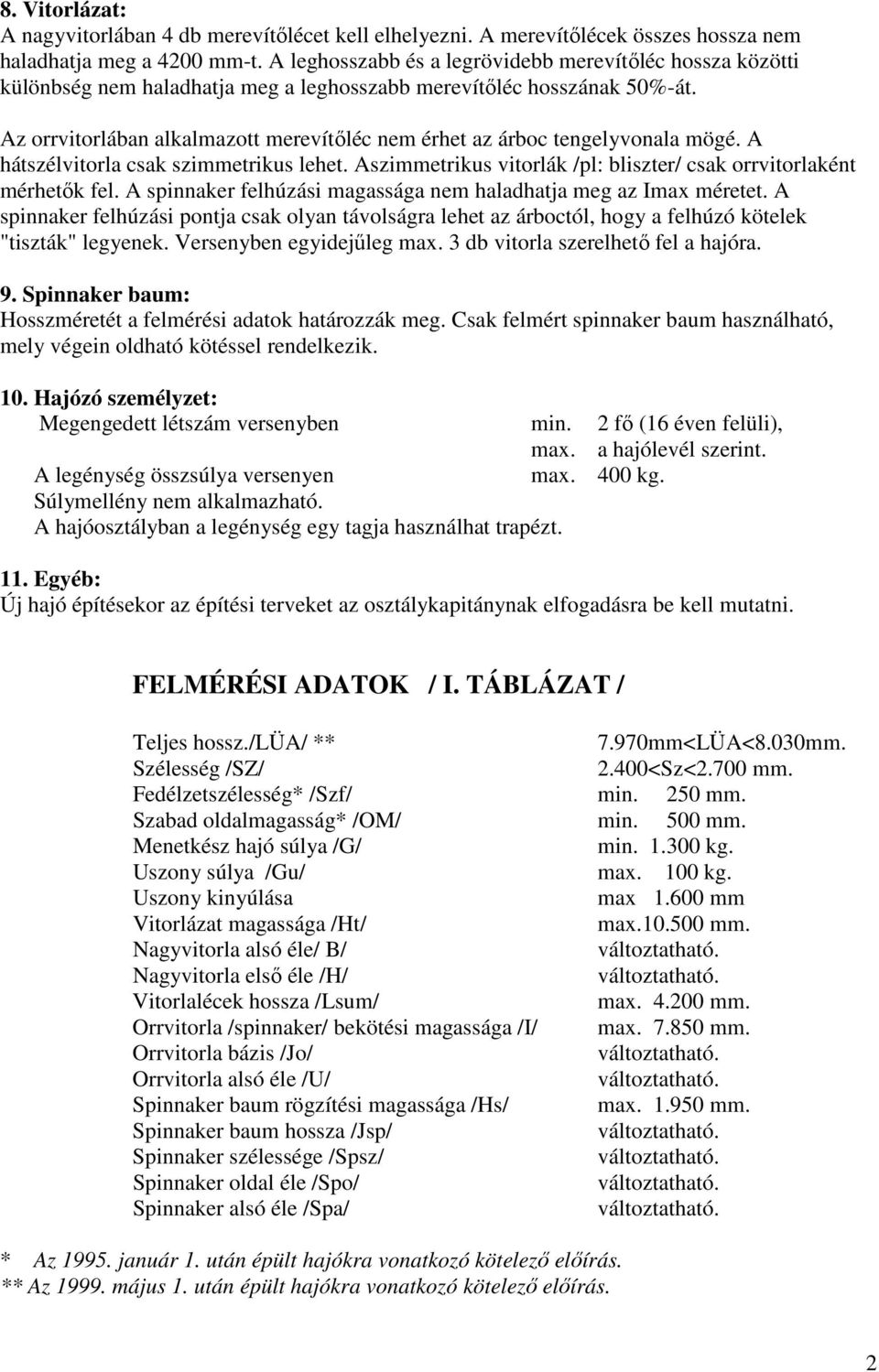 Az orrvitorlában alkalmazott merevítőléc nem érhet az árboc tengelyvonala mögé. A hátszélvitorla csak szimmetrikus lehet. Aszimmetrikus vitorlák /pl: bliszter/ csak orrvitorlaként mérhetők fel.
