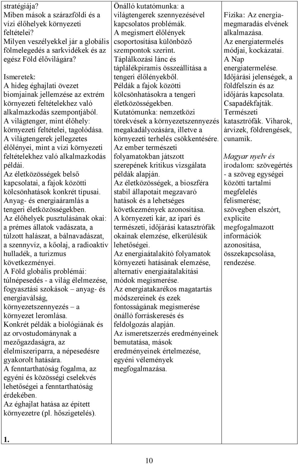 A világtengerek jellegzetes élőlényei, mint a vízi környezeti feltételekhez való alkalmazkodás példái. Az életközösségek belső kapcsolatai, a fajok közötti kölcsönhatások konkrét típusai.