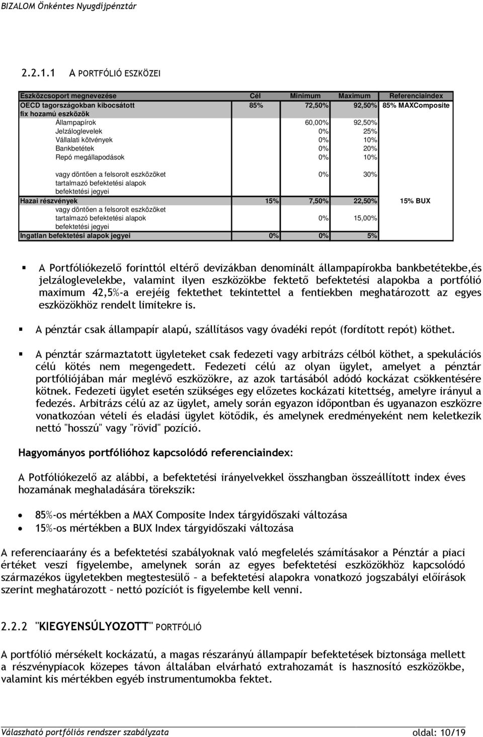 Jelzáloglevelek 0% 25% Vállalati kötvények 0% 10% Bankbetétek 0% 20% Repó megállapodások 0% 10% vagy döntően a felsorolt eszközöket 0% 30% tartalmazó befektetési alapok befektetési jegyei Hazai