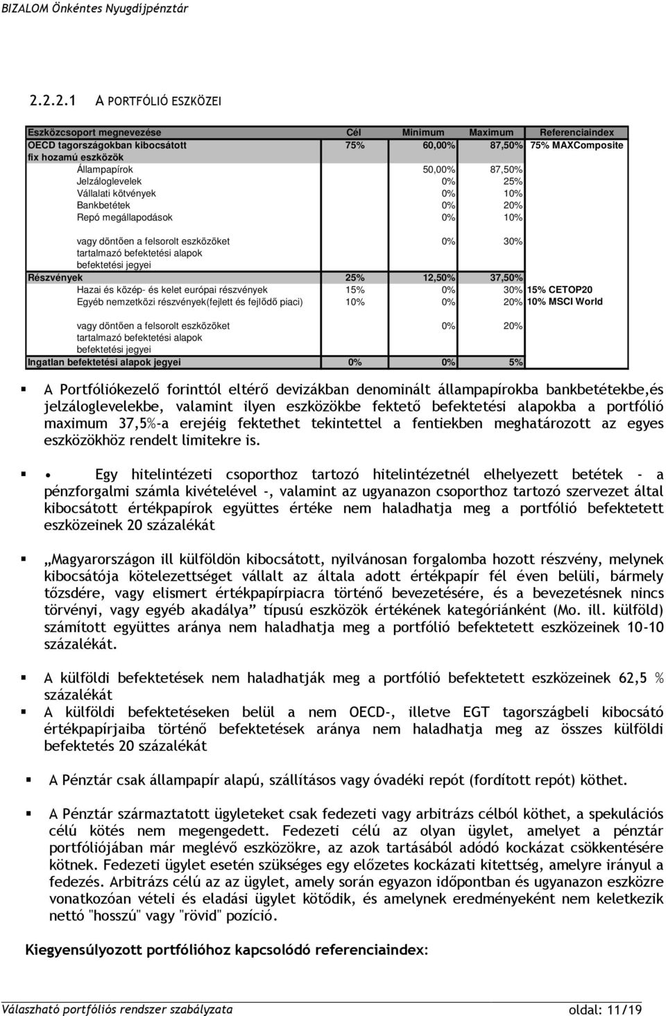 Részvények 25% 12,50% 37,50% Hazai és közép- és kelet európai részvények 15% 0% 30% 15% CETOP20 Egyéb nemzetközi részvények(fejlett és fejlődő piaci) 10% 0% 20% 10% MSCI World vagy döntően a