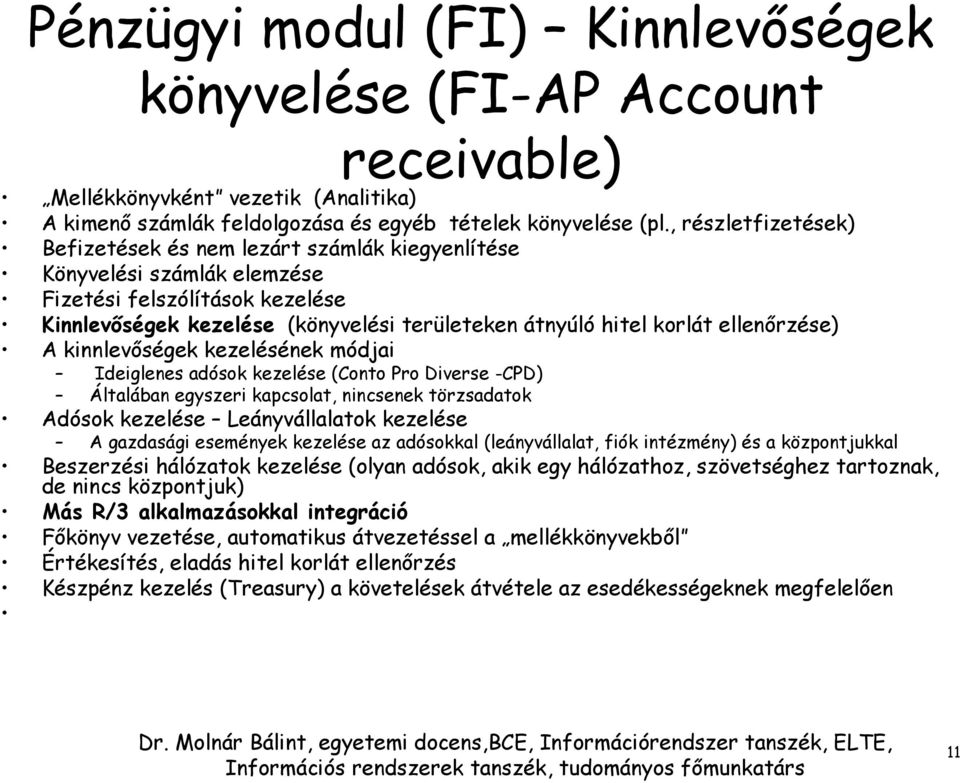 ellenőrzése) A kinnlevőségek kezelésének módjai Ideiglenes adósok kezelése (Conto Pro Diverse -CPD) Általában egyszeri kapcsolat, nincsenek törzsadatok Adósok kezelése Leányvállalatok kezelése A