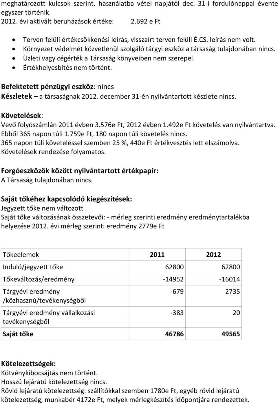 Üzleti vagy cégérték a Társaság könyveiben nem szerepel. Értékhelyesbítés nem történt. Befektetett pénzügyi eszköz: nincs Készletek a társaságnak 2012. december 31-én nyilvántartott készlete nincs.