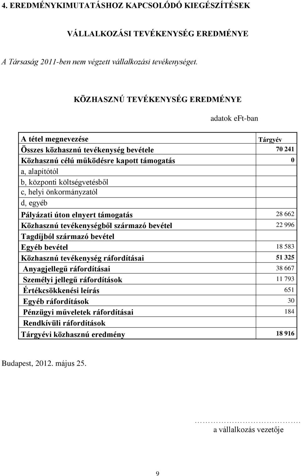 önkormányzatól d, egyéb Pályázati úton elnyert támogatás 28 662 Közhasznú tevékenységből származó bevétel 22 996 Tagdíjból származó bevétel Egyéb bevétel 18 583 Közhasznú tevékenység ráfordításai 51