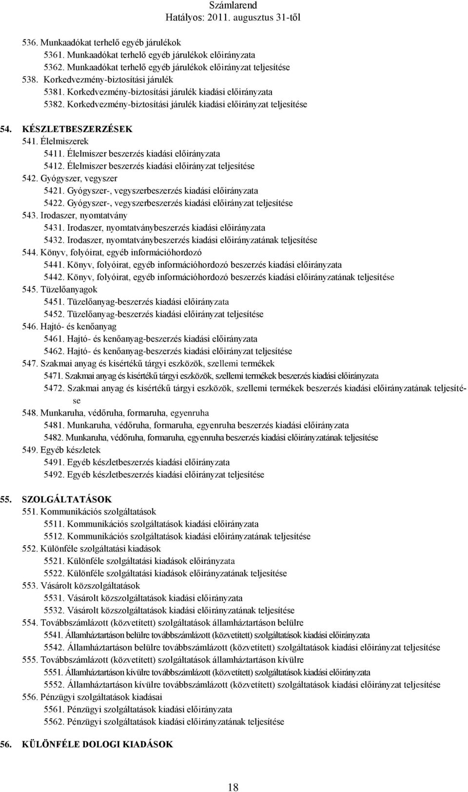 Élelmiszerek 5411. Élelmiszer beszerzés kiadási előirányzata 5412. Élelmiszer beszerzés kiadási előirányzat teljesítése 542. Gyógyszer, vegyszer 5421.