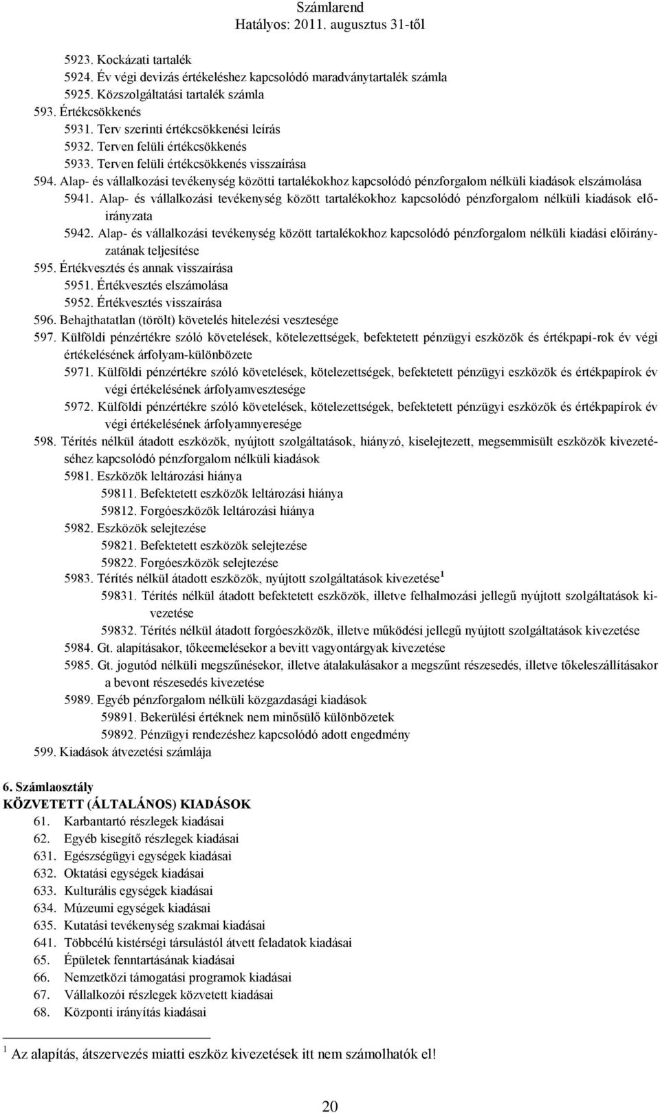 Alap- és vállalkozási tevékenység közötti tartalékokhoz kapcsolódó pénzforgalom nélküli kiadások elszámolása 5941.