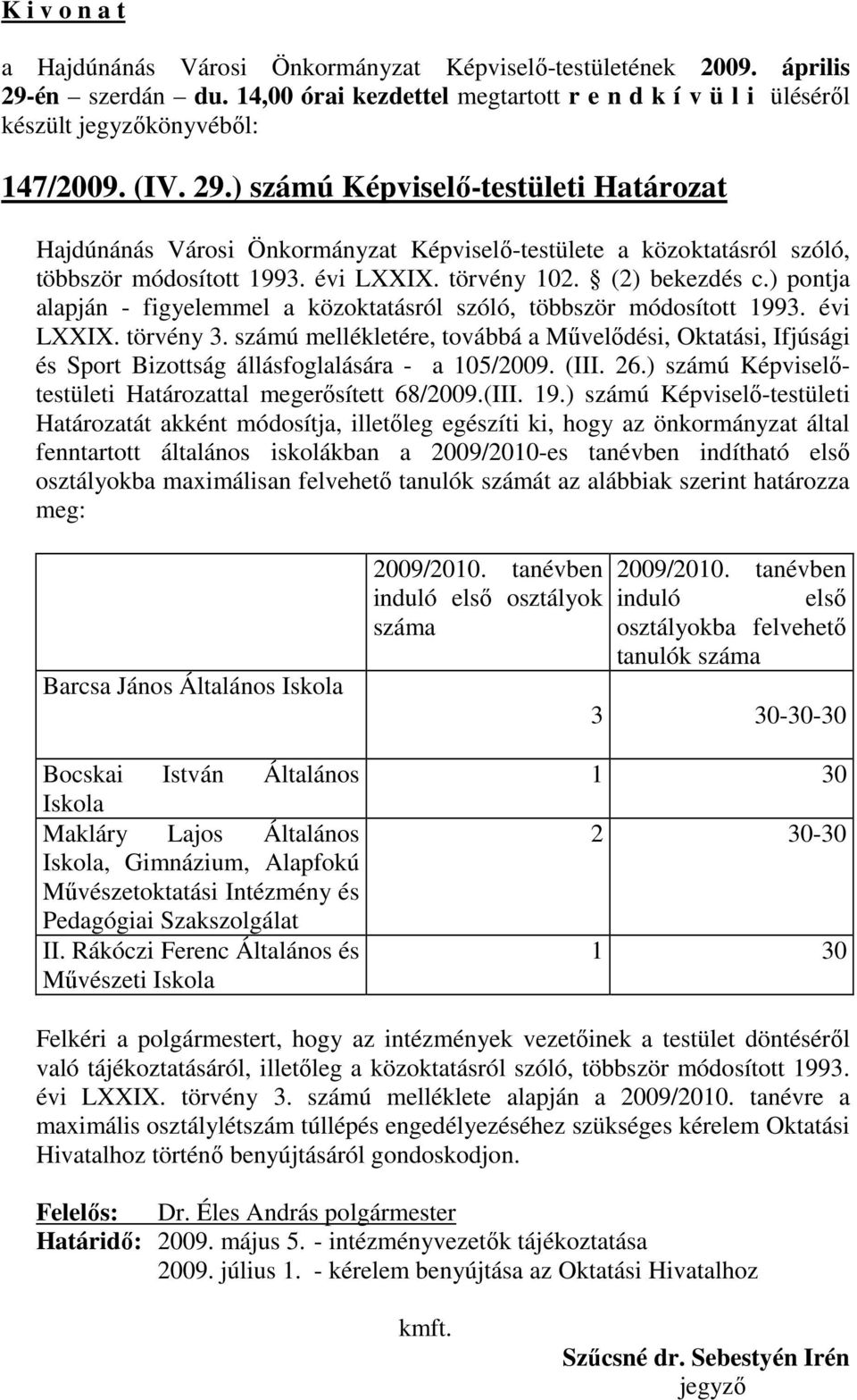 számú mellékletére, továbbá a Mővelıdési, Oktatási, Ifjúsági és Sport Bizottság állásfoglalására - a 105/2009. (III. 26.) számú Képviselıtestületi Határozattal megerısített 68/2009.(III. 19.