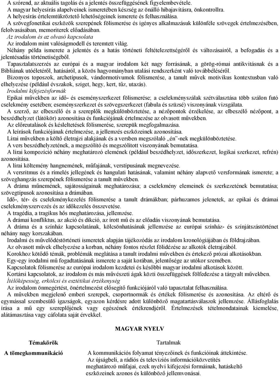 A szövegfonetikai eszközök szerepének fölismerése és igényes alkalmazásuk különféle szövegek értelmezésében, felolvasásában, memoriterek elıadásában.