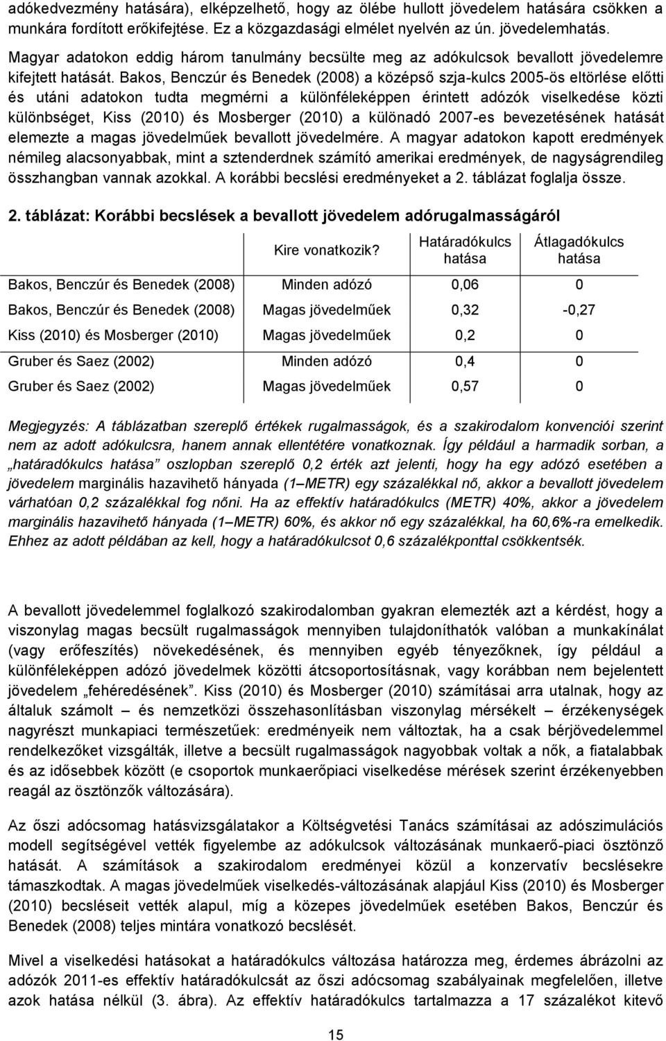 Bakos, Benczúr és Benedek (2008) a középső szja-kulcs 2005-ös eltörlése előtti és utáni adatokon tudta megmérni a különféleképpen érintett adózók viselkedése közti különbséget, Kiss (2010) és