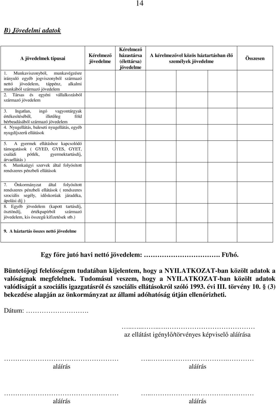Ingatlan, ingó vagyontárgyak értékesítésébıl, illetıleg föld bérbeadásából származó jövedelem 4. Nyugellátás, baleseti nyugellátás, egyéb nyugdíjszerő ellátások 5.