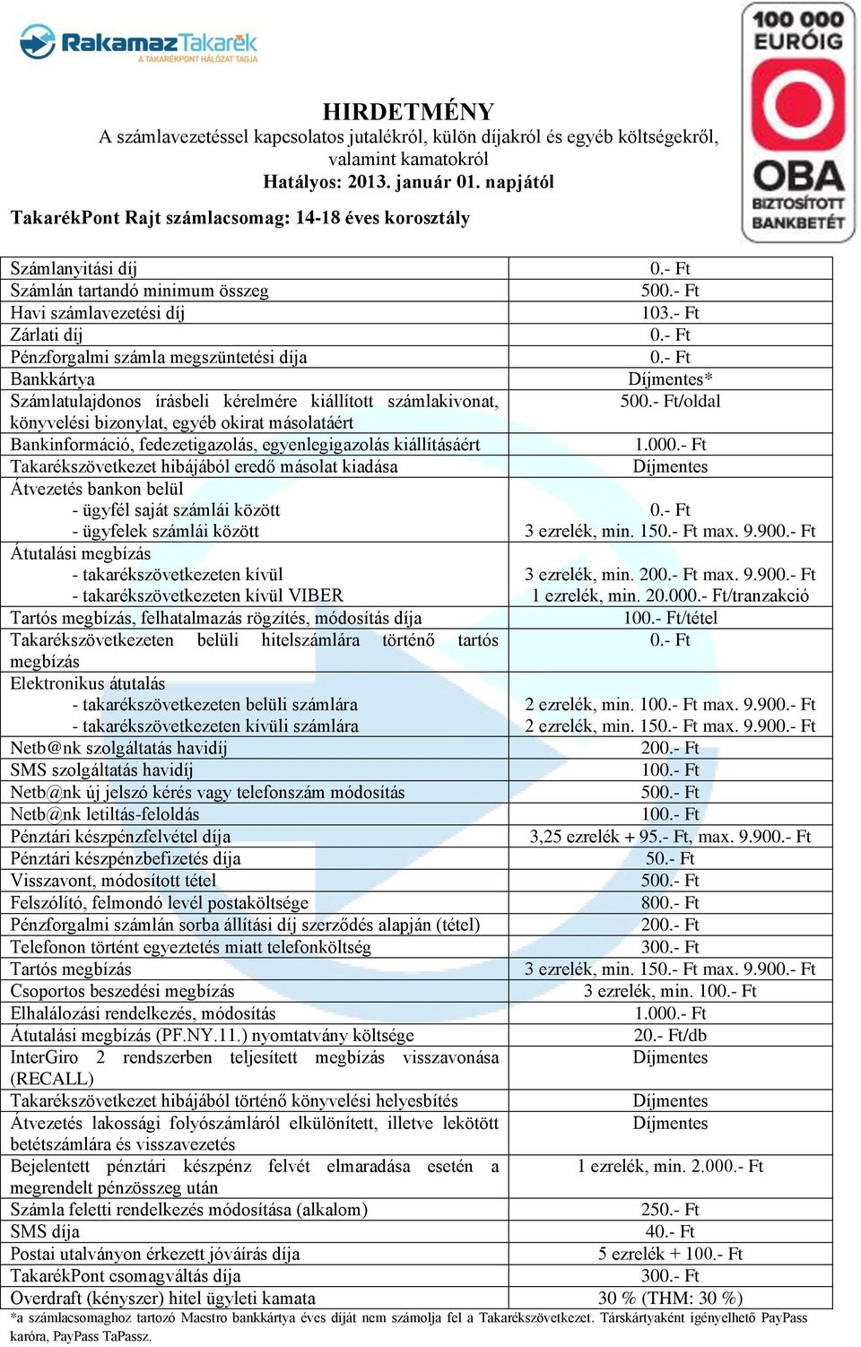 - Ft, max. 9.90 5 50 80 20 30 3 ezrelék, min. 15 max. 9.90 3 ezrelék, min. 10 1.00 2/db Bejelentett pénztári készpénz felvét elmaradása esetén a 1 ezrelék, min. 2.00 25 4 5 ezrelék + 10 30 *a számlacsomaghoz tartozó Maestro bankkártya éves díját nem számolja fel a Takarékszövetkezet.