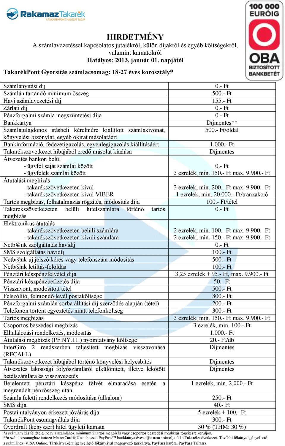 9.90 5 50 80 20 30 3 ezrelék, min. 15 max. 9.90 3 ezrelék, min. 10 1.00 2/db Bejelentett pénztári készpénz felvét elmaradása esetén a 1 ezrelék, min. 2.00 25 4 5 ezrelék + 10 30 *a számlanyitás feltétele, hogy a számlához minimum 2 tartós vagy csoportos beszedési rögzítésre kerüljön.