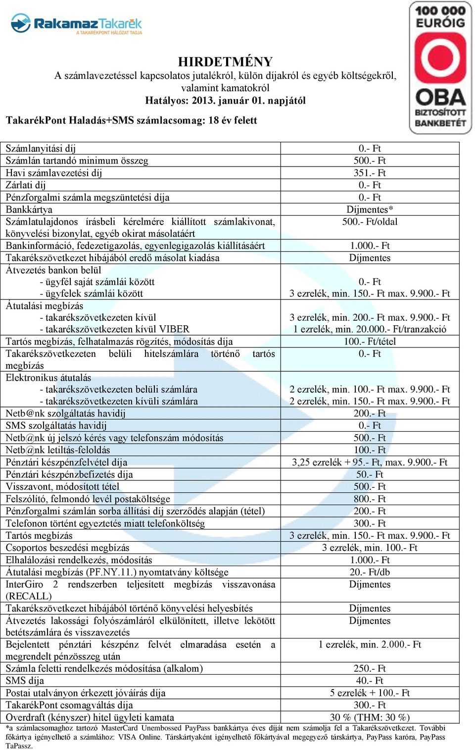 - Ft, max. 9.90 5 50 80 20 30 3 ezrelék, min. 15 max. 9.90 3 ezrelék, min. 10 1.00 2/db Bejelentett pénztári készpénz felvét elmaradása esetén a 1 ezrelék, min. 2.00 25 4 5 ezrelék + 10 30 *a számlacsomaghoz tartozó MasterCard Unembossed PayPass bankkártya éves díját nem számolja fel a Takarékszövetkezet.