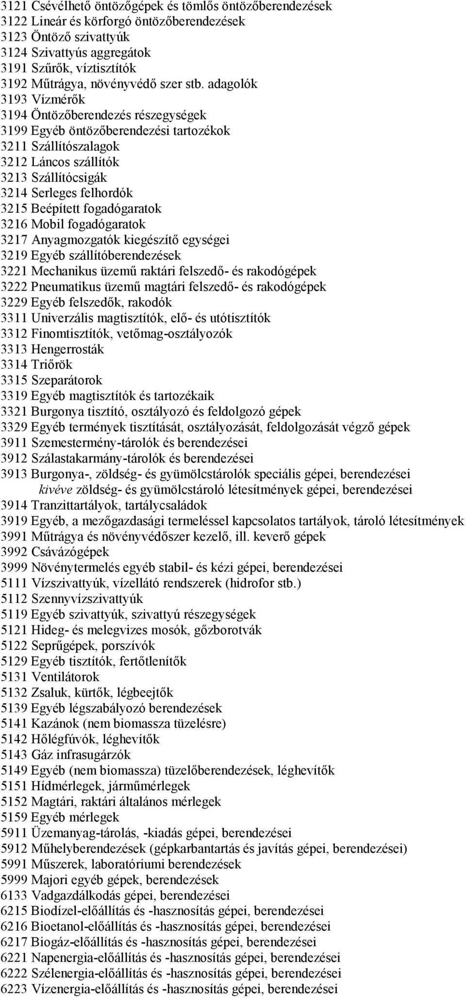 adagolók 3193 Vízmérők 3194 Öntözőberendezés részegységek 3199 Egyéb öntözőberendezési tartozékok 3211 Szállítószalagok 3212 Láncos szállítók 3213 Szállítócsigák 3214 Serleges felhordók 3215