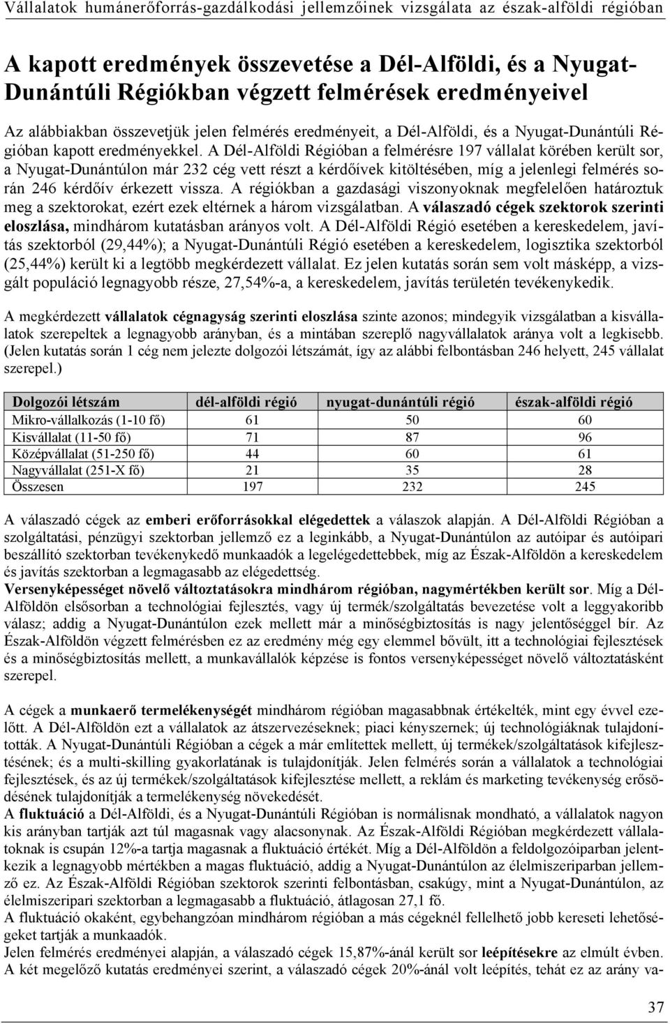 A Dél-Alföldi Régióban a felmérésre 197 vállalat körében került sor, a Nyugat-Dunántúlon már 232 cég vett részt a kérdőívek kitöltésében, míg a jelenlegi felmérés során 246 kérdőív érkezett vissza.