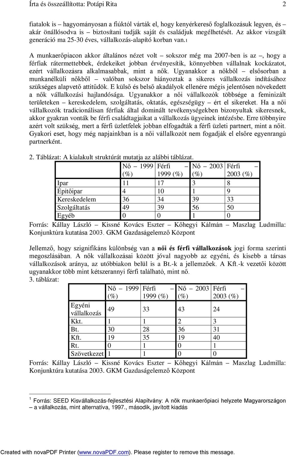 1 A munkaerőpiacon akkor általános nézet volt sokszor még ma 2007-ben is az, hogy a férfiak rátermettebbek, érdekeiket jobban érvényesítik, könnyebben vállalnak kockázatot, ezért vállalkozásra