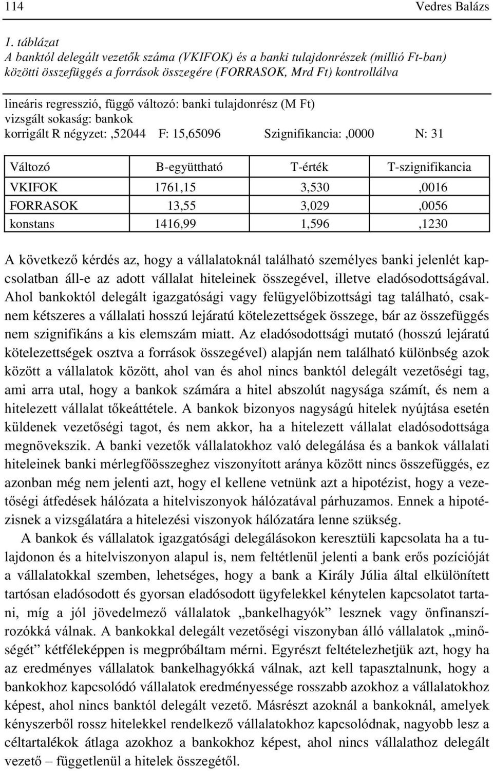 négyzet:,52044 F: 15,65096 Szignifikancia:,0000 N: 31 Változó B-együttható T-érték T-szignifikancia VKIFOK 1761,15 3,530,0016 FORRASOK 13,55 3,029,0056 konstans 1416,99 1,596,1230 $N